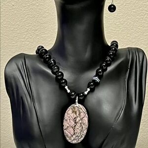Handcrafted Rhodonite & Agate Necklace + Earrings - Sterling